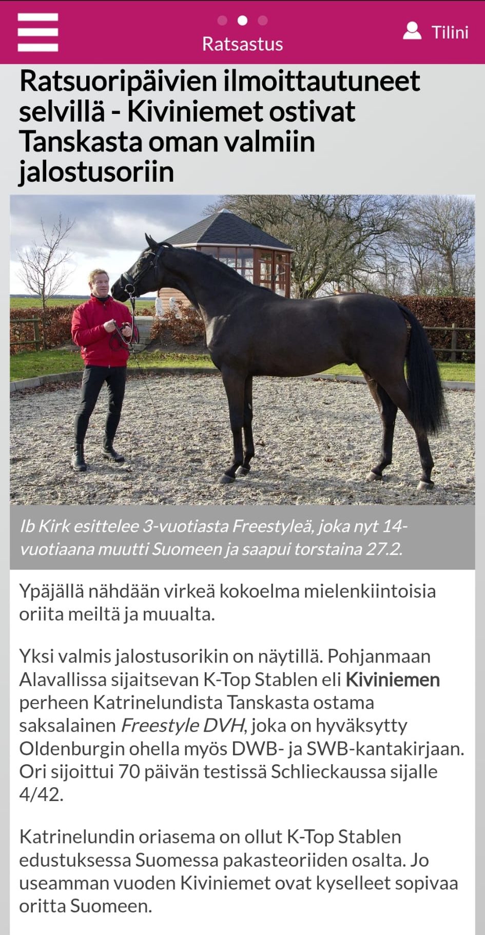 Hevosurheilu- artikkelin etusivu, jossa Freestyle, entisen omistajan, Ib Kirkin esittelemänä